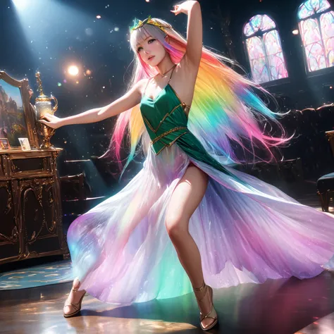 a beautiful elven dancer, 1 girl, rainbow hair, rainbow sheer silky billowing dress, doing a sultry dance with grand sweeping mo...