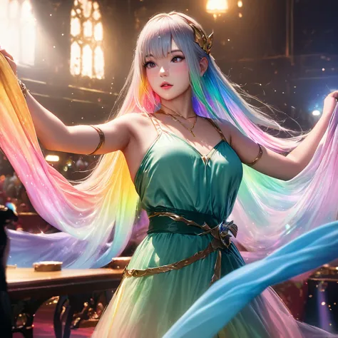 a beautiful elven dancer, 1 girl, rainbow hair, rainbow sheer silky billowing dress, doing a sultry dance with grand sweeping mo...