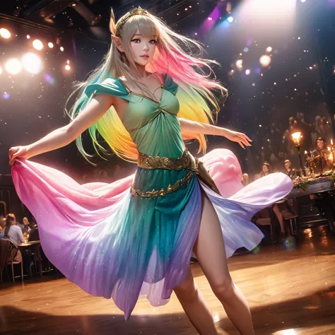 a beautiful elven dancer, 1 girl, rainbow hair, rainbow sheer silky billowing dress, doing a sultry dance with grand sweeping mo...