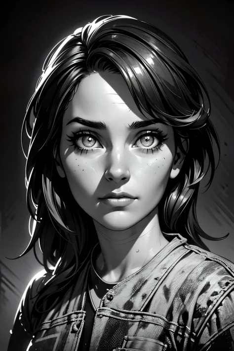 A girl in a mugshot, sketch, black and white, detailed features, cute, vintage style, high contrast lighting, expressive eyes. (...