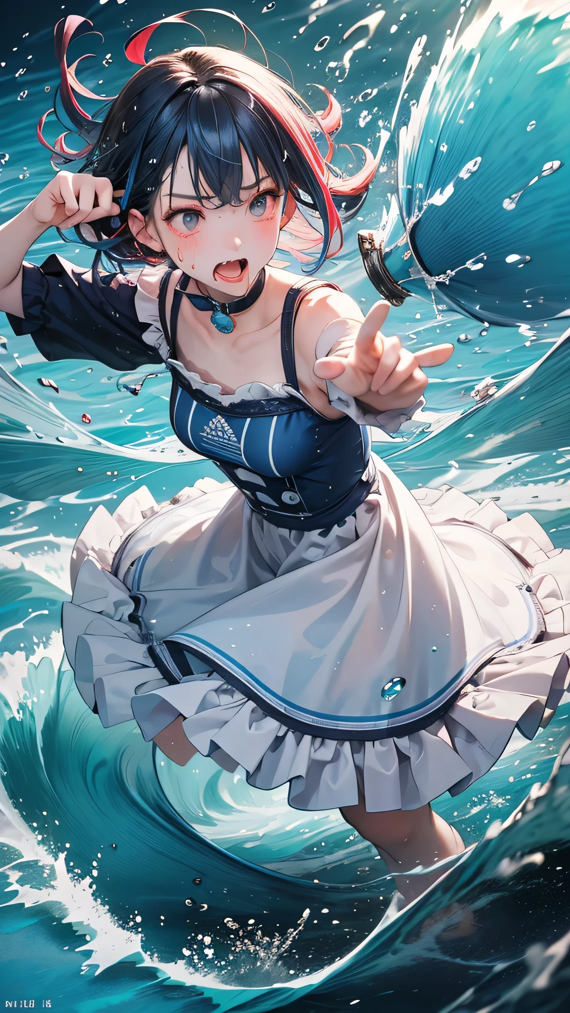 masterpiece, highest quality, (Dynamic pose:0.5), Absurd, One girl, Fighting Pose, Punch Water, (Attacks with a water shock wave:1.5), Wet clothes, Wet Hair, Wet Face, Waters, Multicolored Hair, (Wind:1.4)