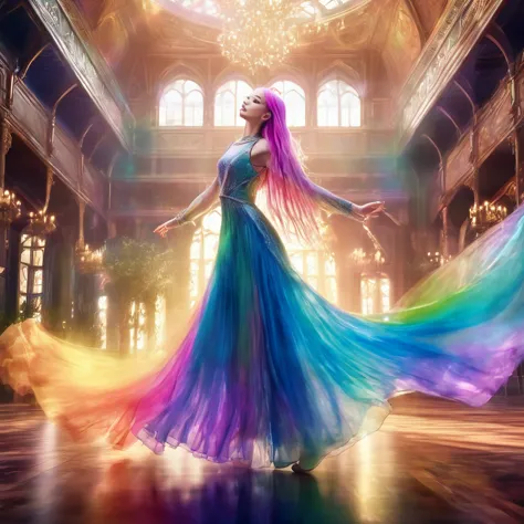 a beautiful elven dancer, 1 girl, rainbow hair, rainbow sheer silky billowing dress, doing a sultry dance with grand sweeping mo...