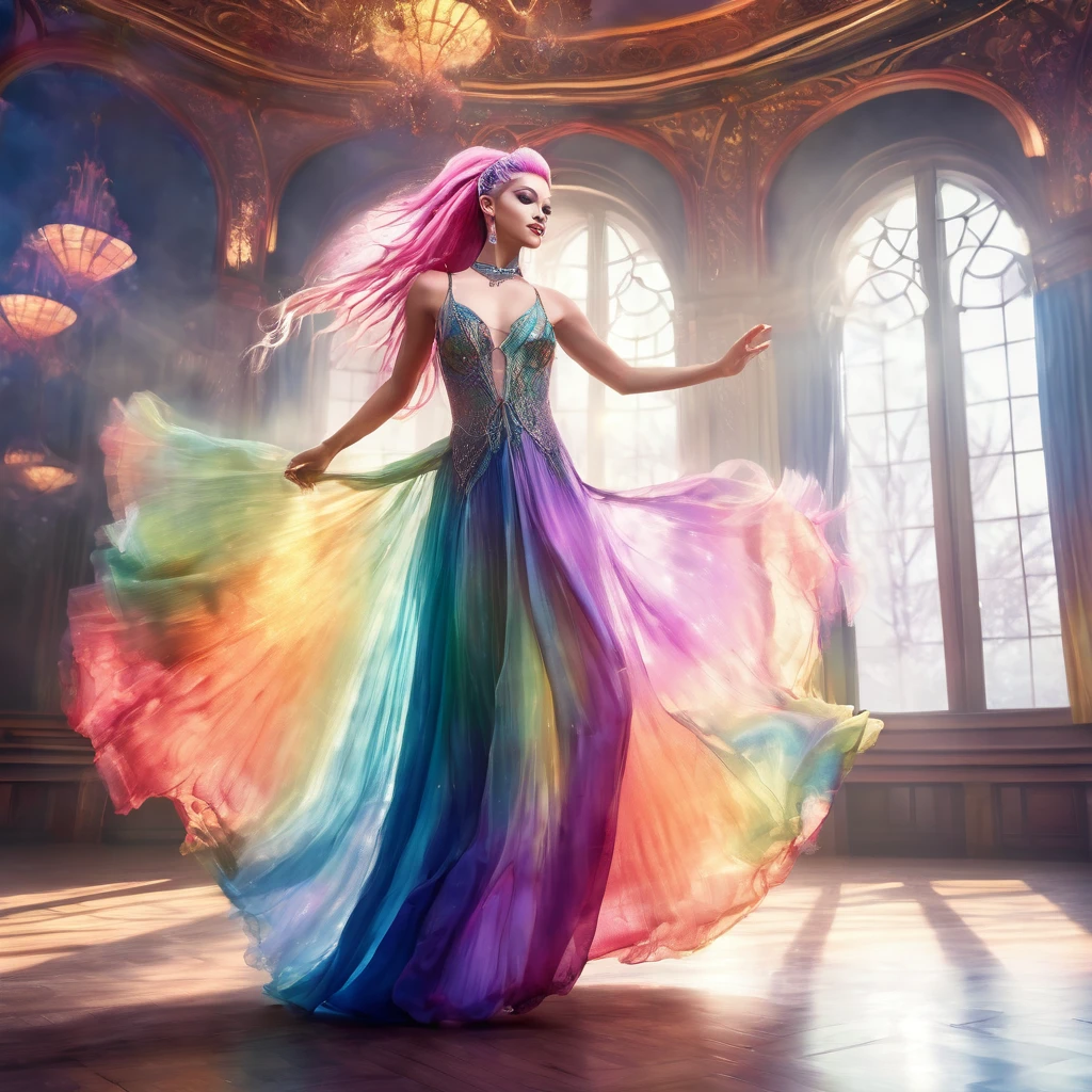 a beautiful elven dancer, 1 girl, rainbow hair, rainbow sheer silky billowing dress, doing a sultry dance with grand sweeping movements, in a royal banquet hall, best quality, 8k, highres, masterpiece, ultra-detailed, realistic, photorealistic, photo-realistic, HDR, UHD, studio lighting, ultra-fine painting, sharp focus, physically-based rendering, extreme detail description, professional, vivid colors, bokeh, fantasy, magical, ethereal
