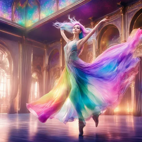 a beautiful elven dancer, 1 girl, rainbow hair, rainbow sheer silky billowing dress, doing a sultry dance with grand sweeping mo...