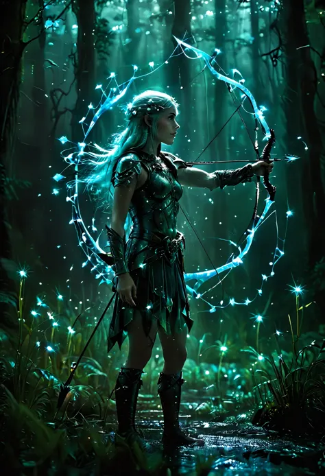 general shot, full body, it is night: 1.3, (little Elf bioluminicence, playing with bow and arrows: 1.5), in the middle of the t...