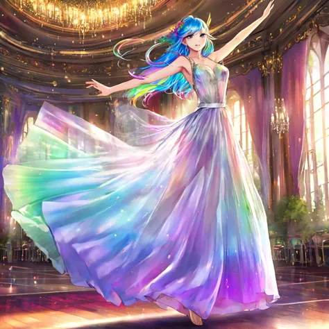 a beautiful elven dancer, 1 girl, rainbow hair, rainbow sheer silky billowing dress, doing a sultry dance with grand sweeping mo...