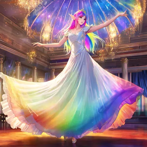 a beautiful elven dancer, 1 girl, rainbow hair, rainbow sheer silky billowing dress, doing a sultry dance with grand sweeping mo...