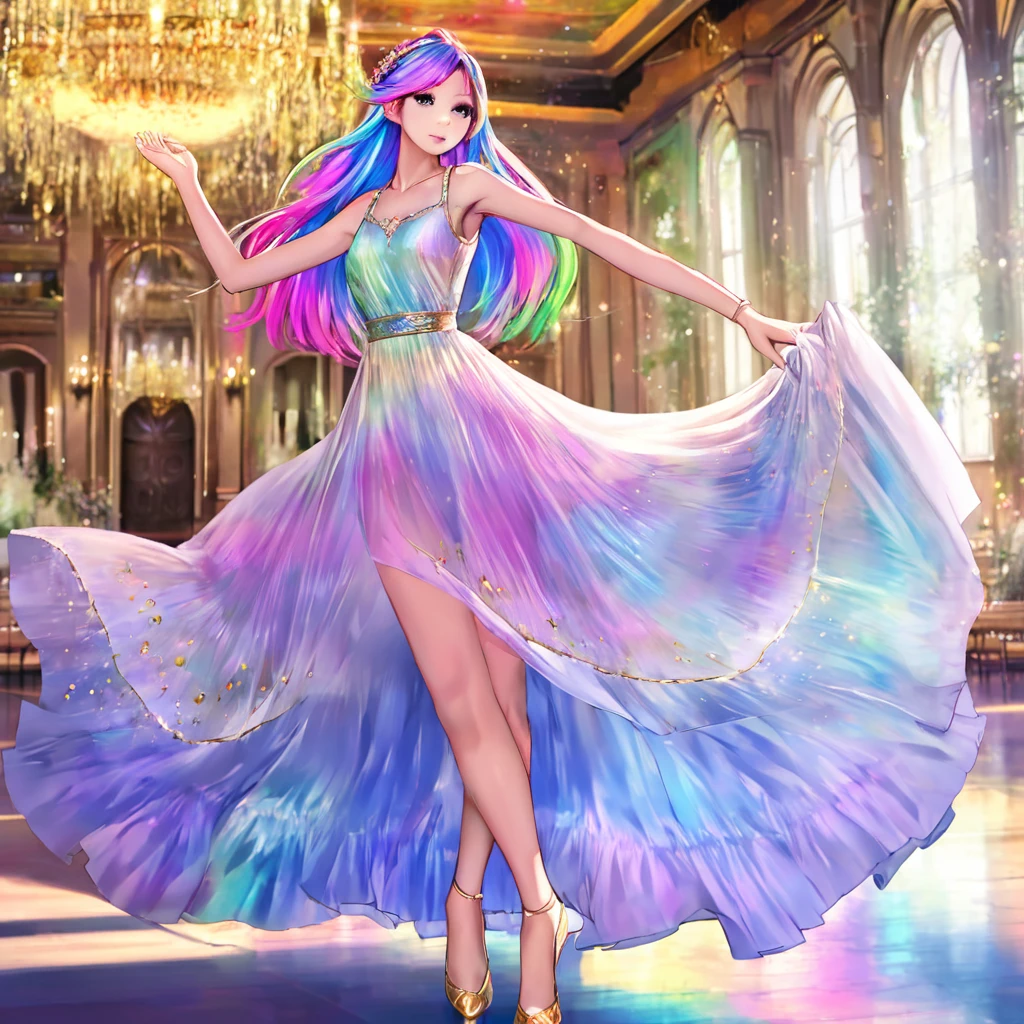 a beautiful elven dancer, 1 girl, rainbow hair, rainbow sheer silky billowing dress, doing a sultry dance with grand sweeping movements, in a royal banquet hall, best quality, 8k, highres, masterpiece, ultra-detailed, realistic, photorealistic, photo-realistic, HDR, UHD, studio lighting, ultra-fine painting, sharp focus, physically-based rendering, extreme detail description, professional, vivid colors, bokeh, fantasy, magical, ethereal
