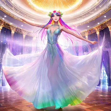 a beautiful elven dancer, 1 girl, rainbow hair, rainbow sheer silky billowing dress, doing a sultry dance with grand sweeping mo...