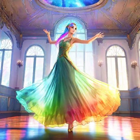 a beautiful elven dancer, 1 girl, rainbow hair, rainbow sheer silky billowing dress, doing a sultry dance with grand sweeping mo...