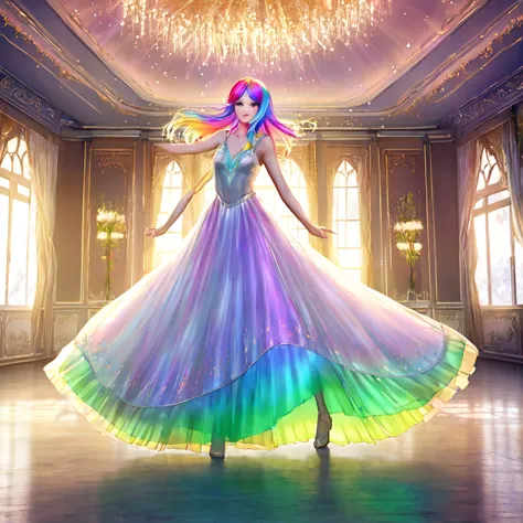 a beautiful elven dancer, 1 girl, rainbow hair, rainbow sheer silky billowing dress, doing a sultry dance with grand sweeping mo...