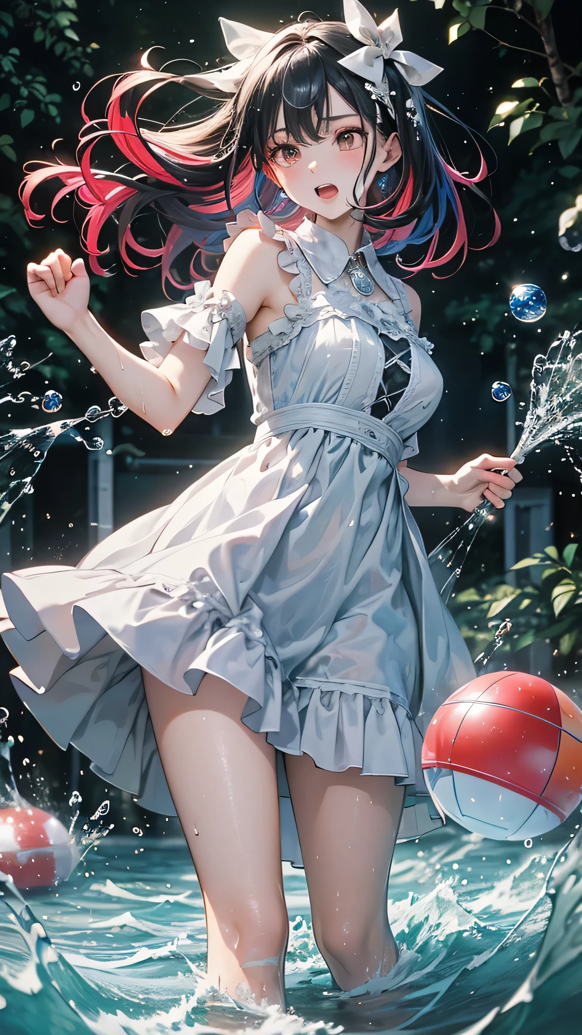 masterpiece, highest quality, (Dynamic pose:0.5), Absurd, One girl, Fighting Pose, Punch Water, (Water ball attack:1.5), Wet clothes, Wet Hair, Wet Face, Waters, Multicolored Hair, (Wind:1.4)