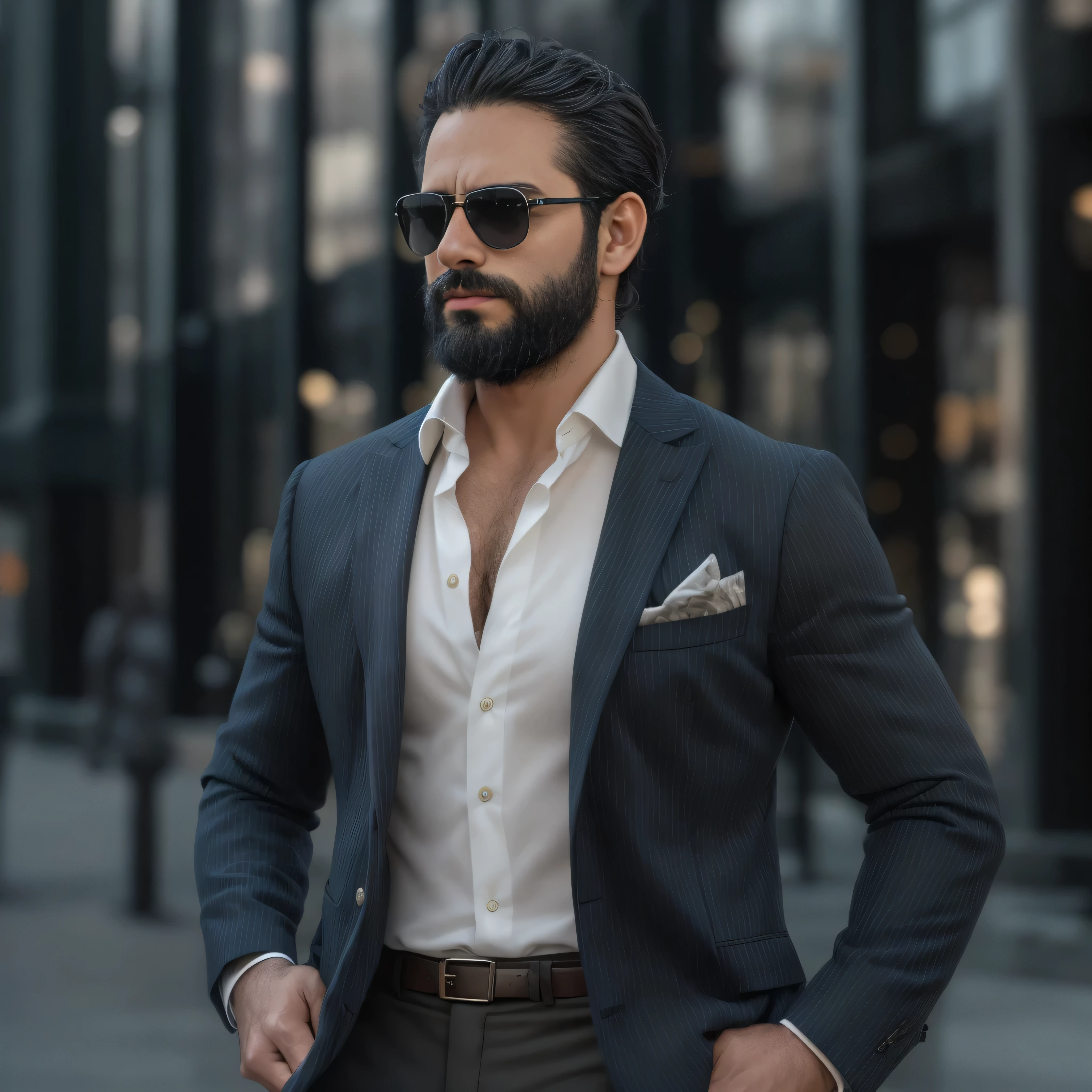 A 38-year-old man with light brown skin and a neatly trimmed beard. He is wearing dark, stylish sunglasses that enhance his sophisticated appearance. His outfit is exceptionally elegant, featuring a tailored dark navy blue blazer, a crisp white dress shirt with the top button undone, and a silk pocket square in a contrasting color tucked into the blazer's chest pocket. The man exudes confidence and sophistication. The background is a blurred urban setting, suggesting a fashionable cityscape with modern architecture and soft ambient lighting. The focus is on his upper body in a medium shot, capturing his confident stance, poised demeanor, and the meticulous details of his attire.