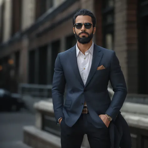 a 38-year-old man with light brown skin and a neatly trimmed beard. he is wearing dark, stylish sunglasses that enhance his soph...