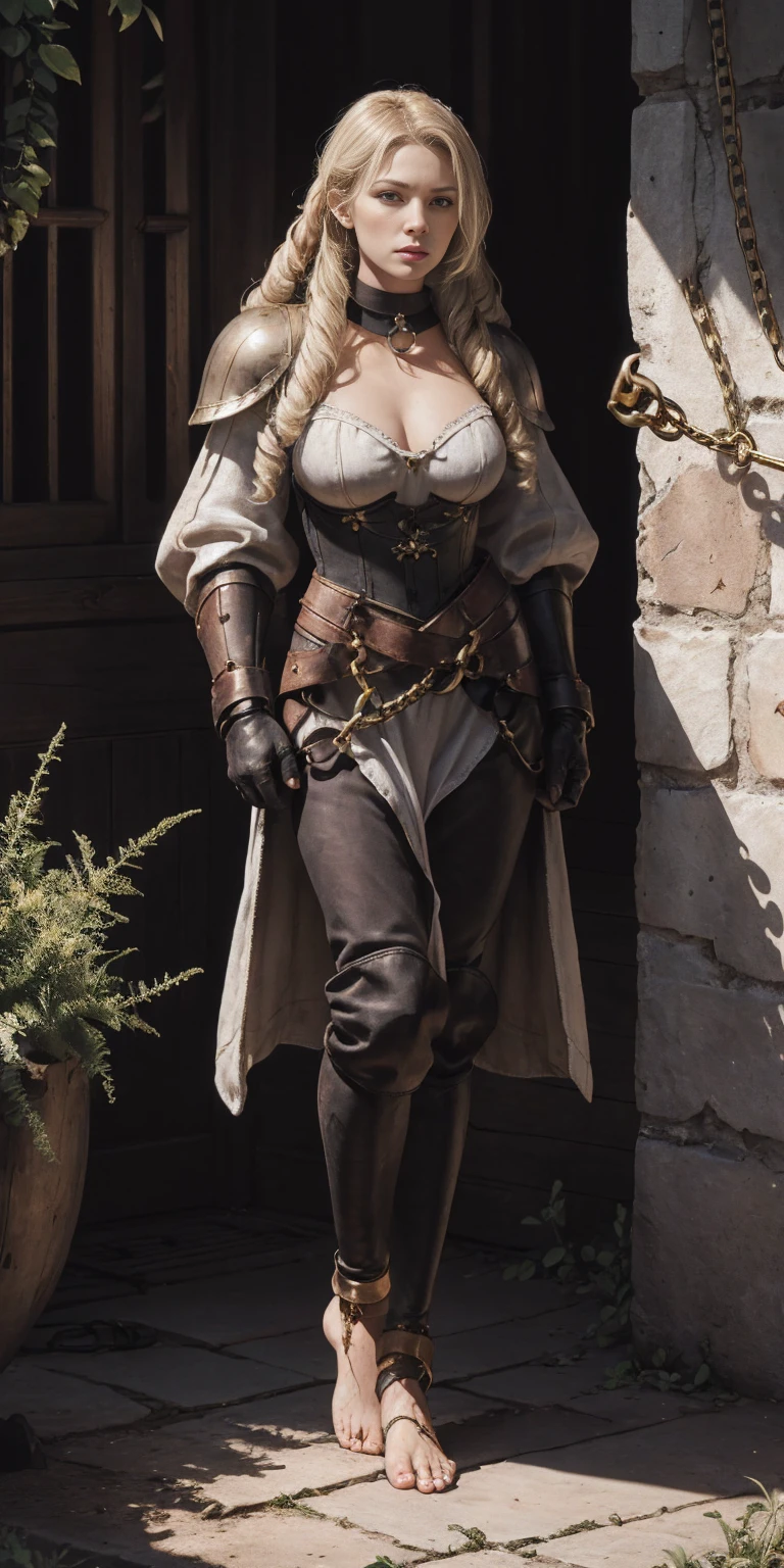 (Forest:Face:LORA)(Curly Blonde Long Hair) full body, barefoot, solo, female, big breast, linen tunic, fantasy village, armor, Handcuffs on their hands with a collar around the neck, hands on hips, slave ((black choker, shackles on legs and arms))