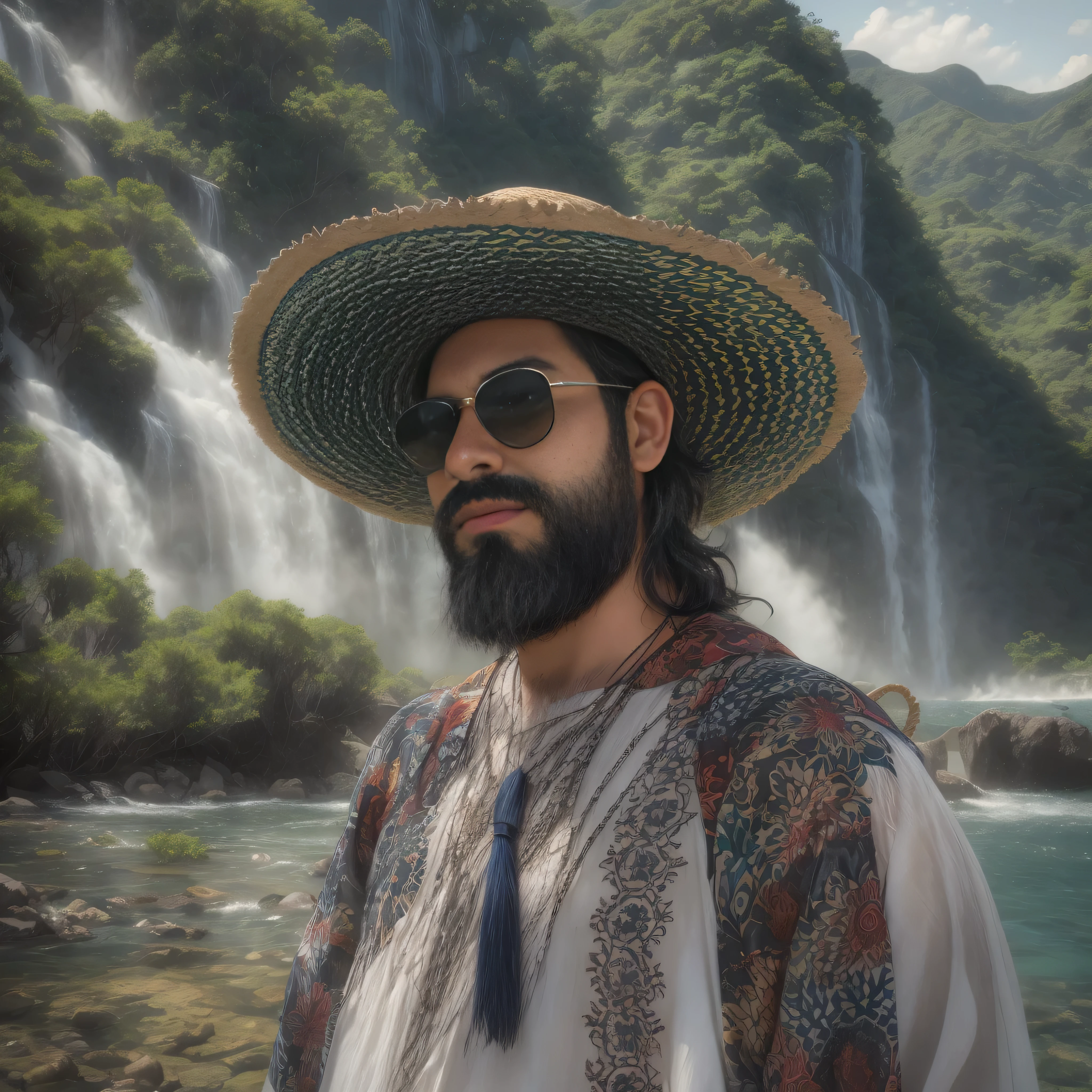 {
"prompt": "A 38-year-old man with a beard and wearing dark sunglasses. He is dressed in traditional Mexican clothing, featuring a white embroidered shirt known as a huipil and a woven straw hat. The background showcases the natural beauty of Mexico, with the lush, green landscape and towering waterfalls of Huasteca Potosina. The image focuses on the upper body in a medium shot, emphasizing high realism and quality."
}