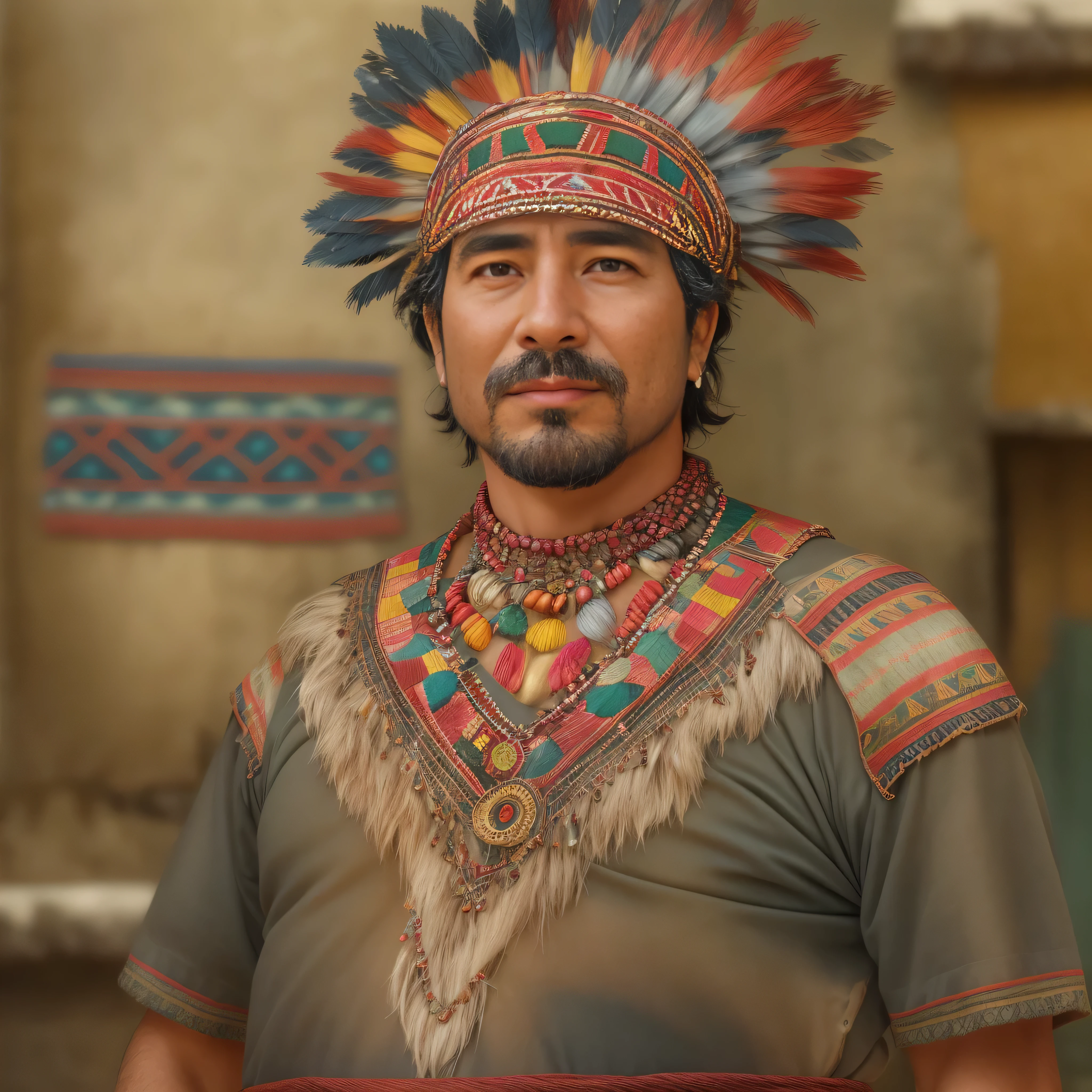 {
"prompt": "Create an ultra-detailed, high-quality image of a 38-year-old man from the ancient Mixtec culture. He is dressed in traditional Mixtec clothing, featuring a colorful tunic with intricate patterns, a feathered headdress, and gold jewelry. The setting is a Mixtec village with adobe houses and a mountainous landscape in the background. The man has textured skin with visible age lines, and the background has a slight blur to highlight the detailed character. The image should be a medium shot, showing the upper body of the man with a shallow depth of field to enhance the visual appeal.",
"size": "1024x1792"
}