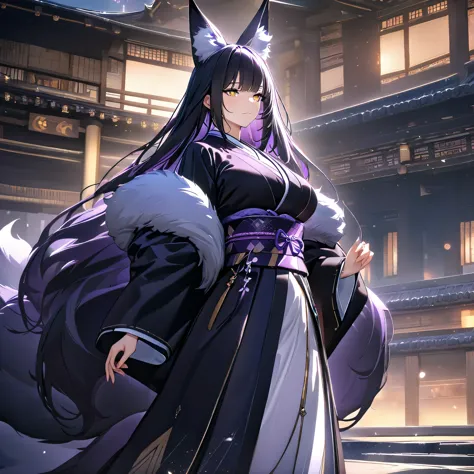 a woman wearing traditional long sleeve kimono, black kimono with purple details, large chest, black fur cape, dark purple hair,...