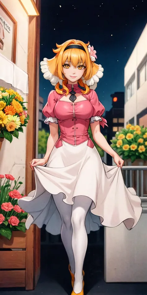 ((Roxanne)) ((woman dressed holding flowers and flowers near a store window)) 1girl, flower, solo (dog fluffy ears) [[orange hai...