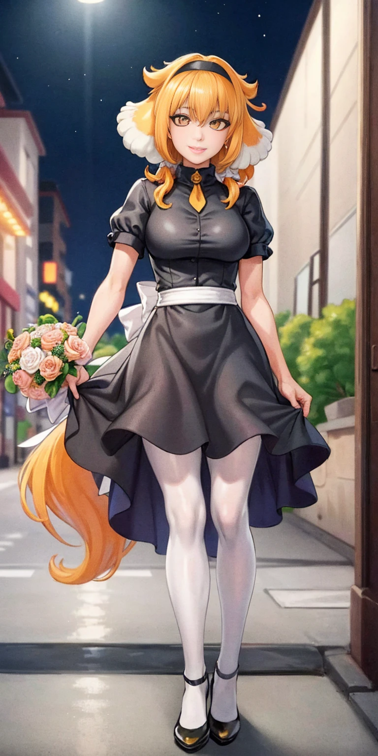 ((Roxanne)) ((woman dressed holding flowers and flowers near a store window)) 1girl, flower, solo (dog fluffy ears) [[orange hair]] pantyhose, bouquet, looking at viewer, black hairband, yellow eyes, dress, hair flower, holding a bouquet, standing, short sleeves, white footwear,(dress color:white, pink:1.4) yellow flower, selling flowers, scenery, night time, wall lamp, smile, pink flowers, blue flowers, cowboy shot, large breasts, small ribbon on flower as tie ((scenery)) (windy:1.3)