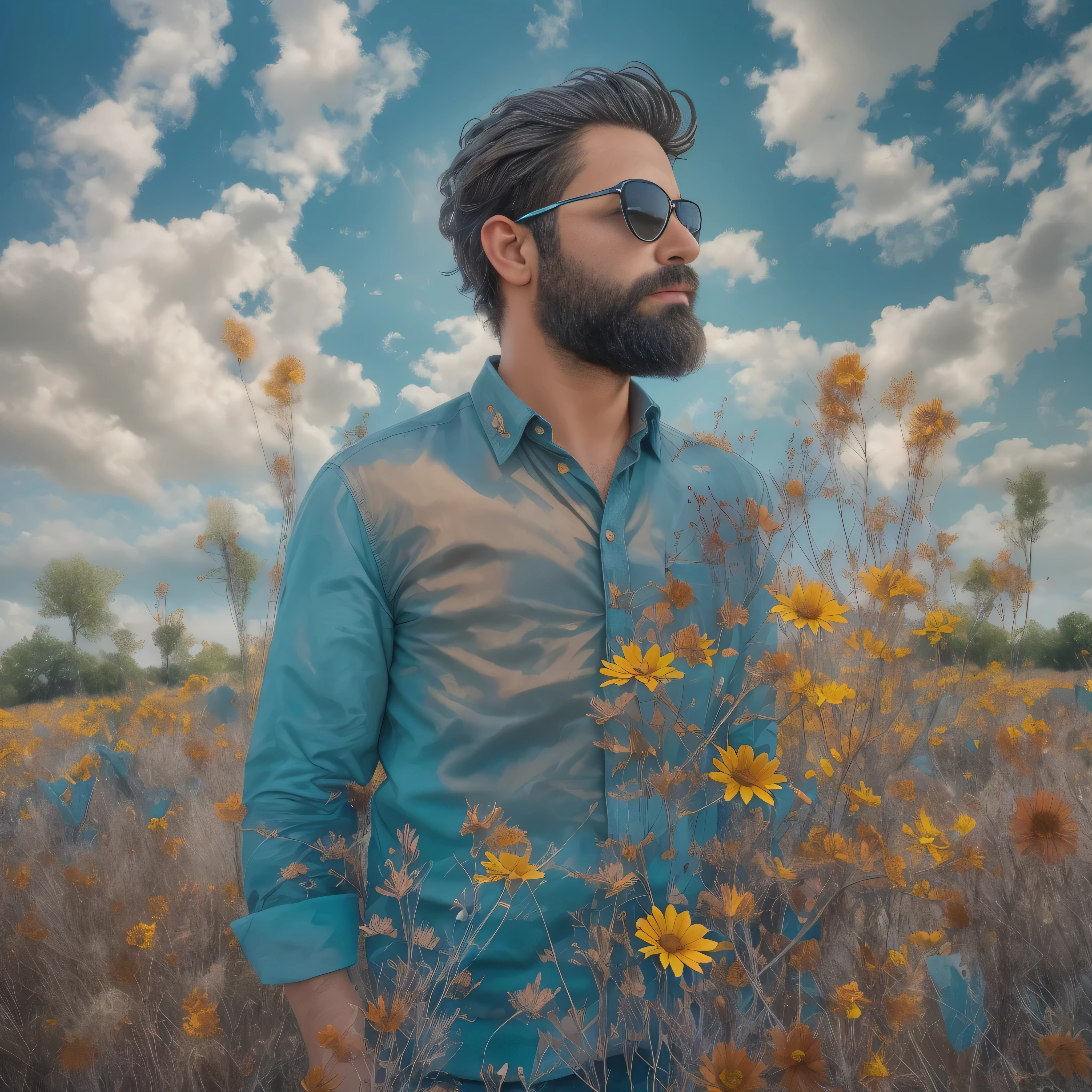 Imagine a 38-year-old man with a well-groomed beard and dark sunglasses that reflect the sky.. Lleva una camisa de cuadros en tonos azules y verdes, desabrochada en el cuello, and is standing in a lush natural landscape. A su alrededor, se extiende un campo verde salpicado de flores silvestres de colores vibrantes. Behind him, una serie de colinas suaves se alzan bajo un cielo despejado con algunas nubes esponjosas. El sol brilla intensamente, iluminando su rostro y resaltando la textura de su barba y su camisa de cuadros. The image is in a medium plane, focusing on your upper body, with clear details in his relaxed expression and in the nature that surrounds him.