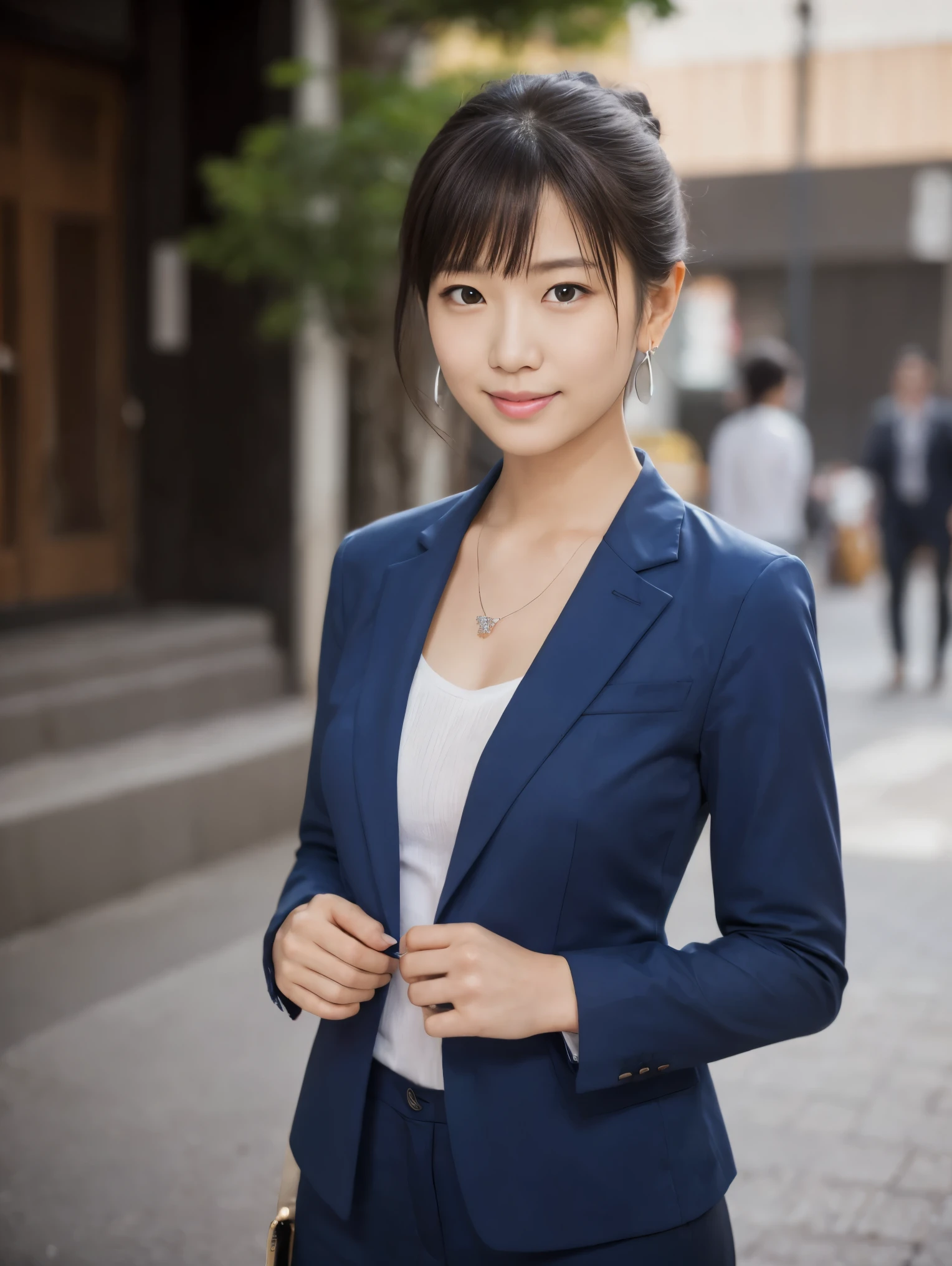 1 girl, G cup women、Tie your hair、Single bun hair、office lady、On the way to work、Shibuya Snaps, Tokyo、(Wear a classy dark blue suit、White shirt underneath、Photo from the waist up、Small silver earrings、Small silver necklace:1.2), (RAW Photos, highest qualそれy), (Realistic, Realistic:1.4), Tabletop, Very delicate and beautiful, Very detailed, 2k wallpaper, wonderful, finely, Very detailed CG Unそれy 8K 壁紙, Very detailed, High resolution, Soft Light, Beautiful detailed girl, Very detailed目と顔, Beautiful and sophisticated nose, finelyて美しい目, Cinema Lighting, Perfect Anatomy, Slender body, Was nervous, 
Straight semi-long hair, bangs, Looking at the audience, smile.Medium chest.