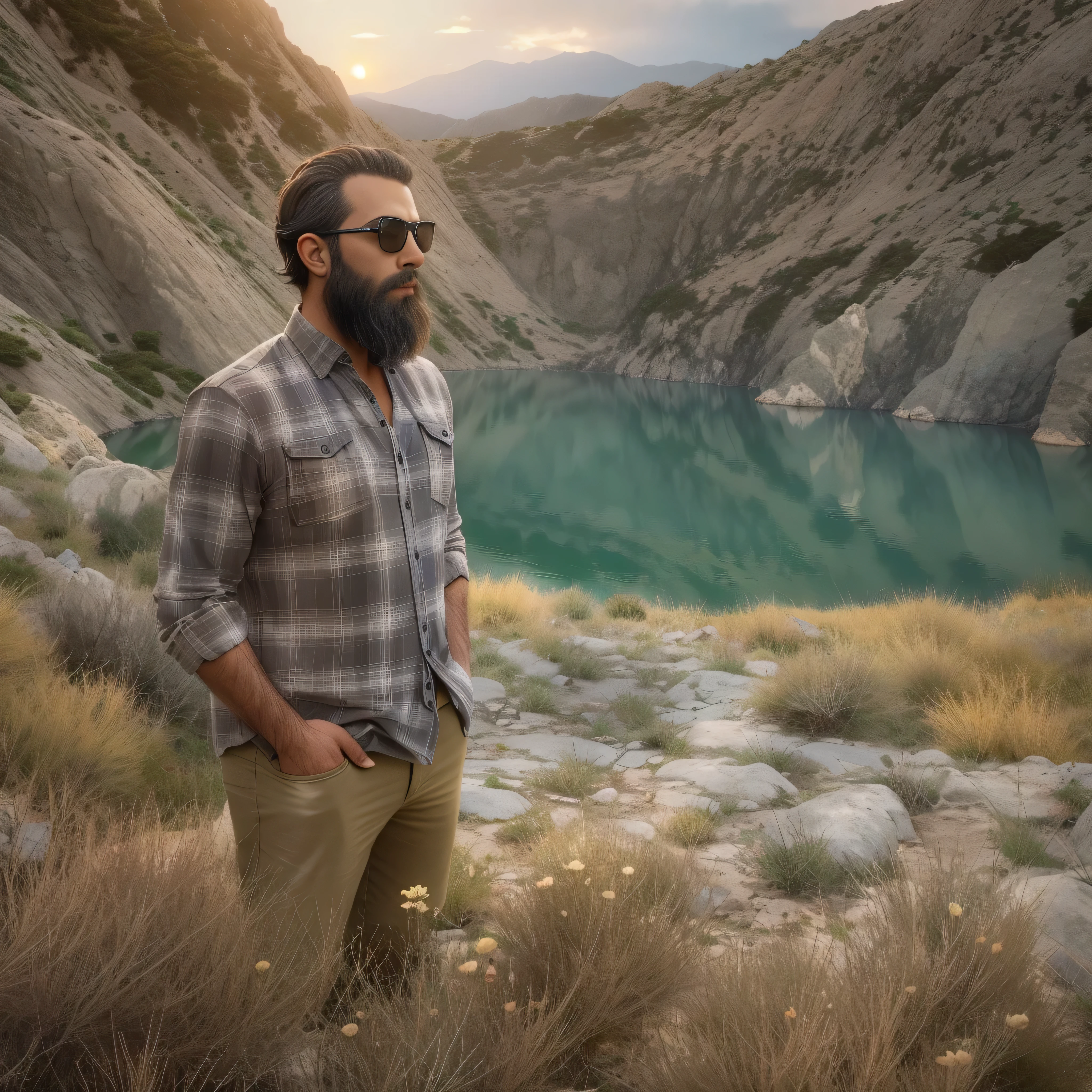 Imagine a 38-year-old man with a well-groomed beard and sunglasses reflecting his surroundings.. Lleva una camisa de cuadros en tonos marrones y beige. It is standing in a detailed mountain landscape, con imponentes picos nevados al fondo y un lago cristalino a sus pies. A su alrededor, the vegetation is dense and varied, with green leafed trees and some wild flowers in bright tones. El cielo es de un azul profundo con nubes blancas dispersas. El plano medio se centra en la parte superior de su cuerpo, highlighting the texture of his plaid shirt and his serene expression as he observes the landscape. The details of the natural surroundings and the soft light of the sunset add a calm and contemplative atmosphere to the image.