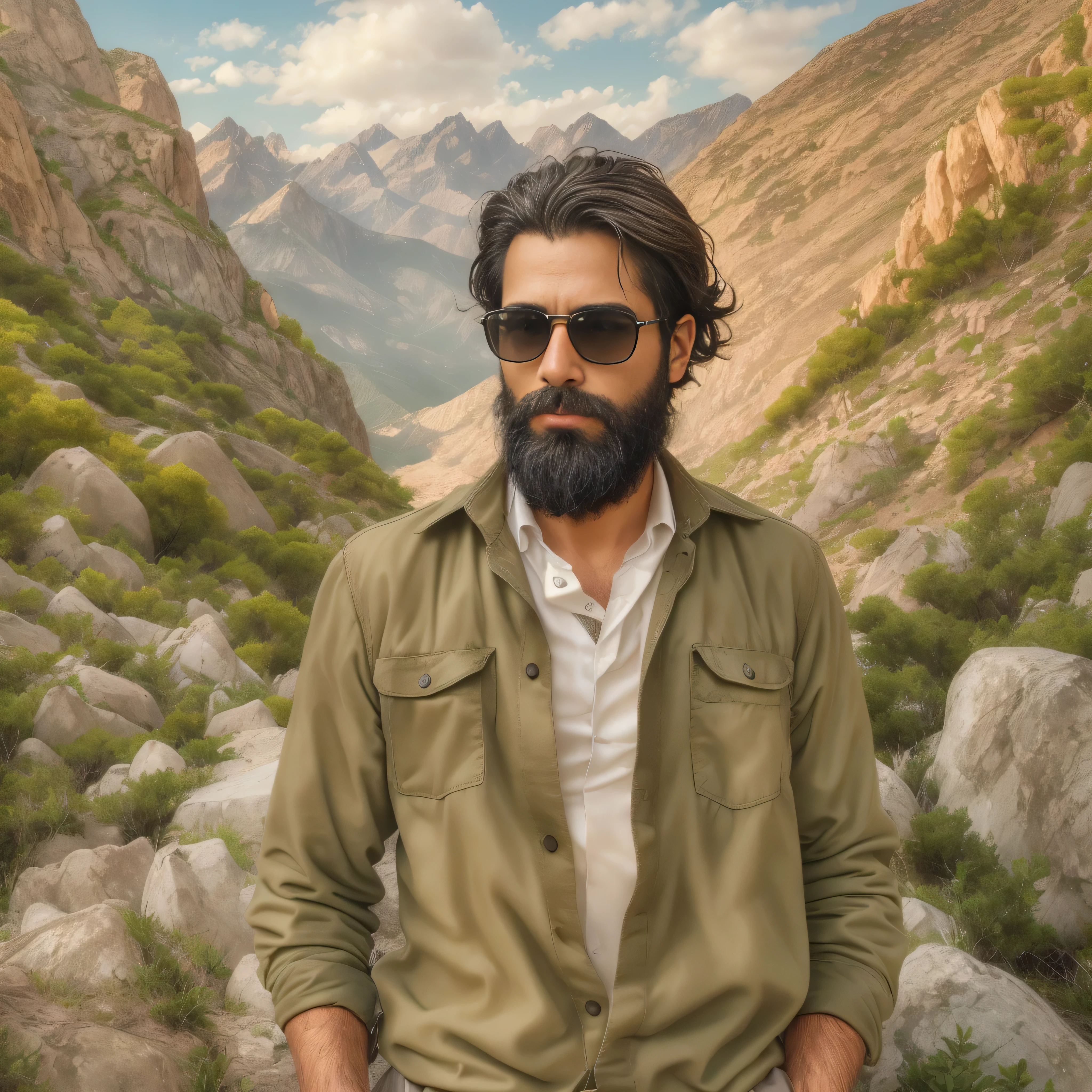 Imagine a 38-year-old man with a well-groomed beard and sunglasses reflecting his surroundings.. Lleva una camisa de cuadros en tonos marrones y beige. It is standing in a detailed mountain landscape, con imponentes picos nevados al fondo y un lago cristalino a sus pies. A su alrededor, the vegetation is dense and varied, with green leafed trees and some wild flowers in bright tones. El cielo es de un azul profundo con nubes blancas dispersas. El plano medio se centra en la parte superior de su cuerpo, highlighting the texture of his plaid shirt and his serene expression as he observes the landscape. The details of the natural surroundings and the soft light of the sunset add a calm and contemplative atmosphere to the image.