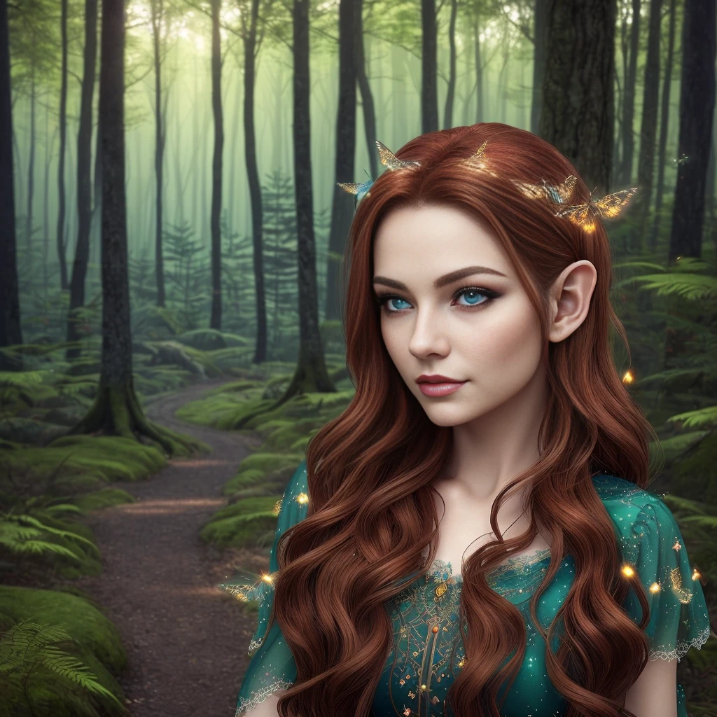 A beautiful elf maiden in an enchanted forest, (best quality,4k,8k,highres,masterpiece:1.2),ultra-detailed,(realistic,photorealistic,photo-realistic:1.37),extremely detailed eyes and face,longeyelashes,delicate facial features,porcelain skin,flowing auburn hair,intricate elf ears,elegant forest dress,surrounded by glowing fireflies,magical forest atmosphere,mystical lighting,vibrant colors,fantasy landscape