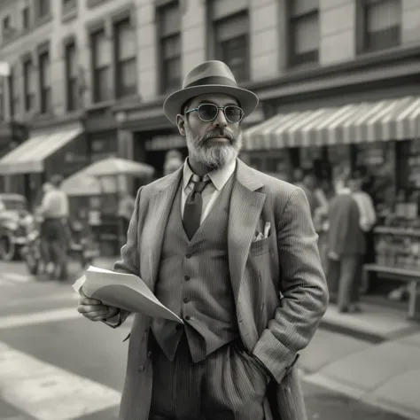 create an image of a 38-year-old man with a beard and sunglasses. the man is dressed in clothing from the 1920s, incluyendo un t...