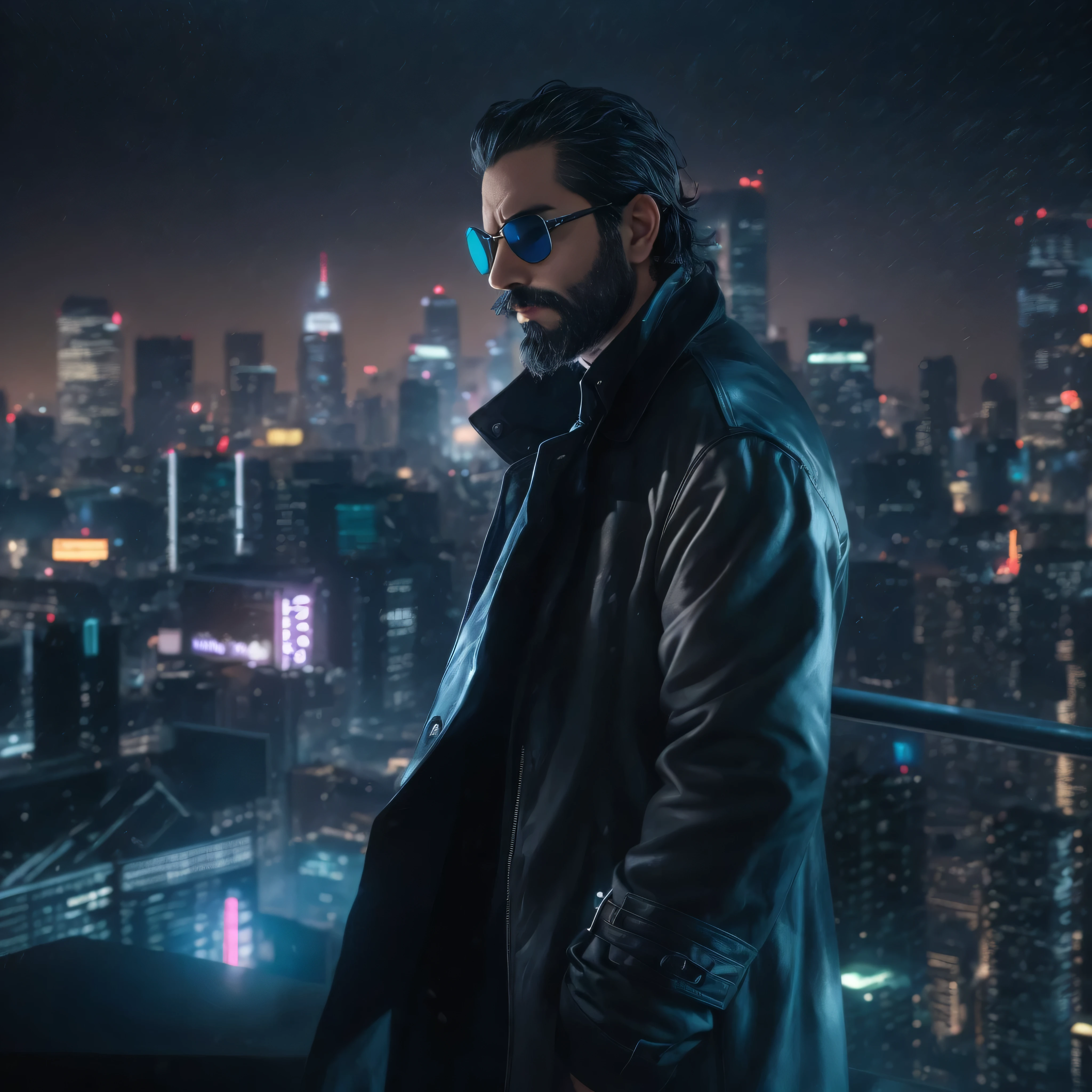 {
  "prompt": "A scene from a movie featuring a 38-year-old man as the protagonist. He has a rugged beard and is wearing stylish sunglasses. The scene is set in a bustling futuristic city with towering skyscrapers and neon lights. The man is wearing a sleek black suit and a trench coat, giving him a mysterious and authoritative look. He stands on a rooftop at night, overlooking the cityscape, with the wind blowing his coat. His expression is serious as he holds a futuristic gadget in his hand. The scene is dramatic and cinematic, with the focus on the upper part of his body in a medium shot, capturing the character's determination and the vibrant city lights in the background."
}
