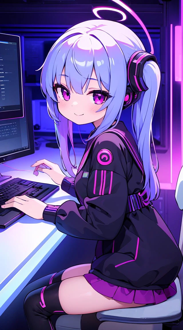 masterpiece, highest quality, High resolution, Very detailed,Beautiful High School Girl, (((cyber punk))), (((I have a computer。))), neon, Streetscape, smile