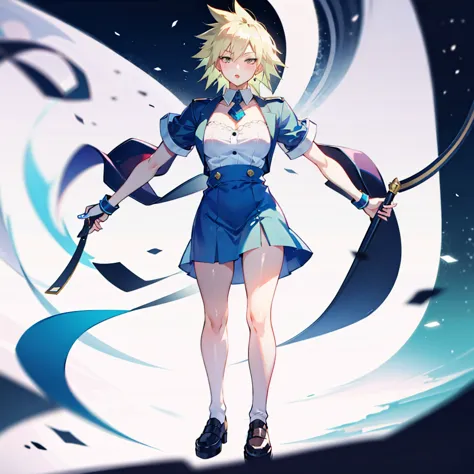 1girl, full body, short blonde hair, green eyes, blue maid dress, mitsuki bakugo from my hero academy