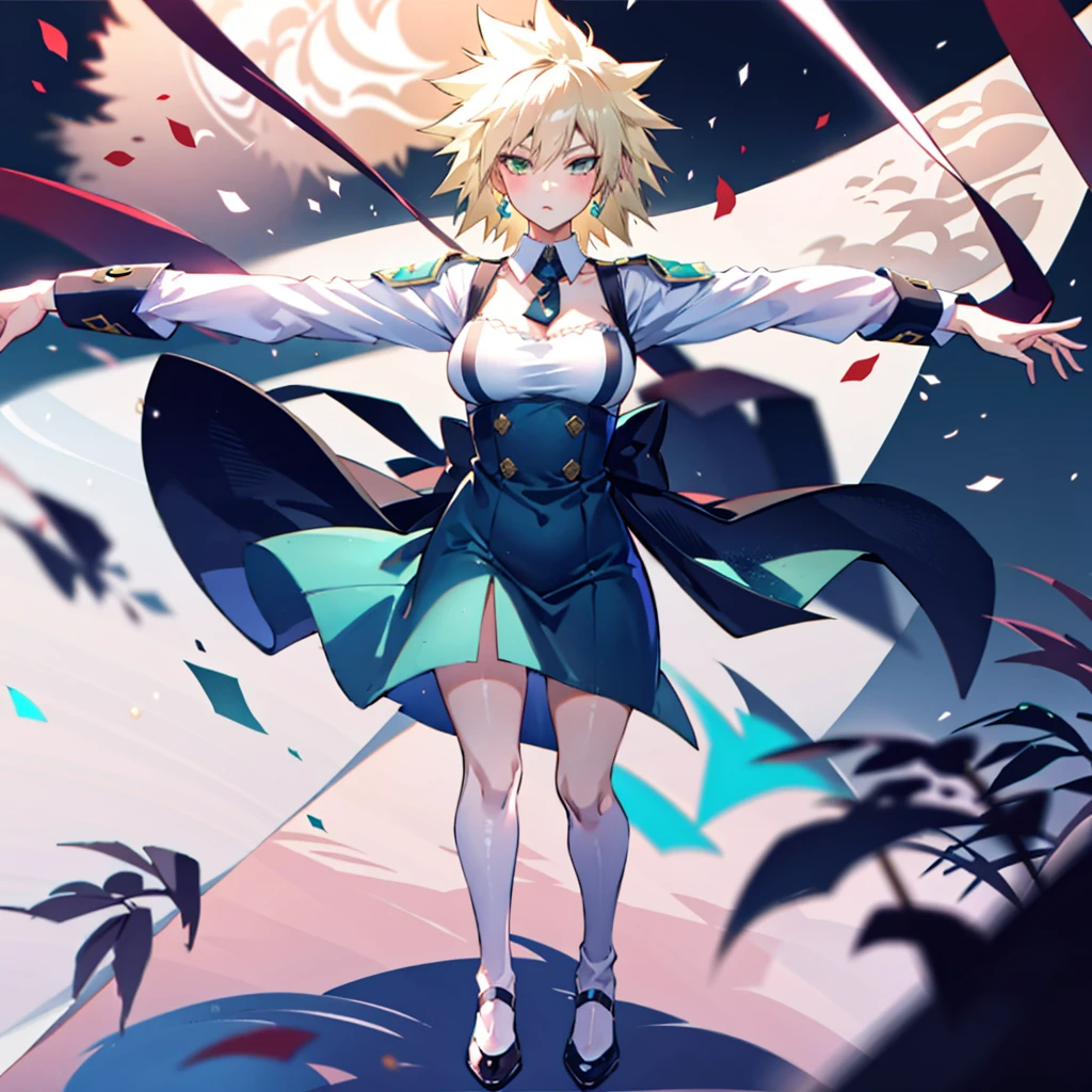 1girl, full body, short blonde hair, green eyes, blue maid dress, mitsuki bakugo from my hero academy