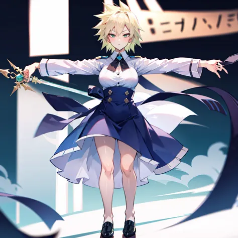 1girl, full body, short blonde hair, green eyes, blue maid dress, mitsuki bakugo from my hero academy