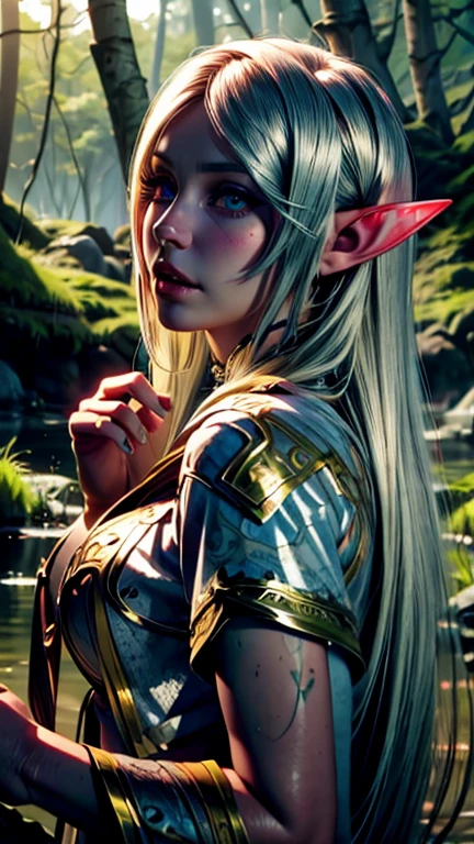 1girl, elf girl, looking back, delicate detailed face, beautiful detailed eyes, beautiful detailed lips, extremely detailed facial features, long detailed hair, elf ears, forest background, natural lighting, detailed nature elements, (best quality,4k,8k,highres,masterpiece:1.2),ultra-detailed,(realistic,photorealistic,photo-realistic:1.37),intricate details,vibrant colors,cinematic lighting,fantasy art