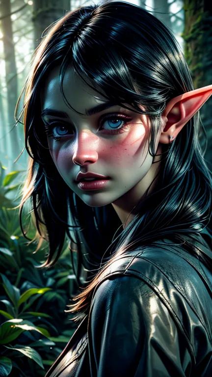 a young elf girl, looking back, beautiful detailed eyes, beautiful detailed lips, extremely detailed face and features, long eye...