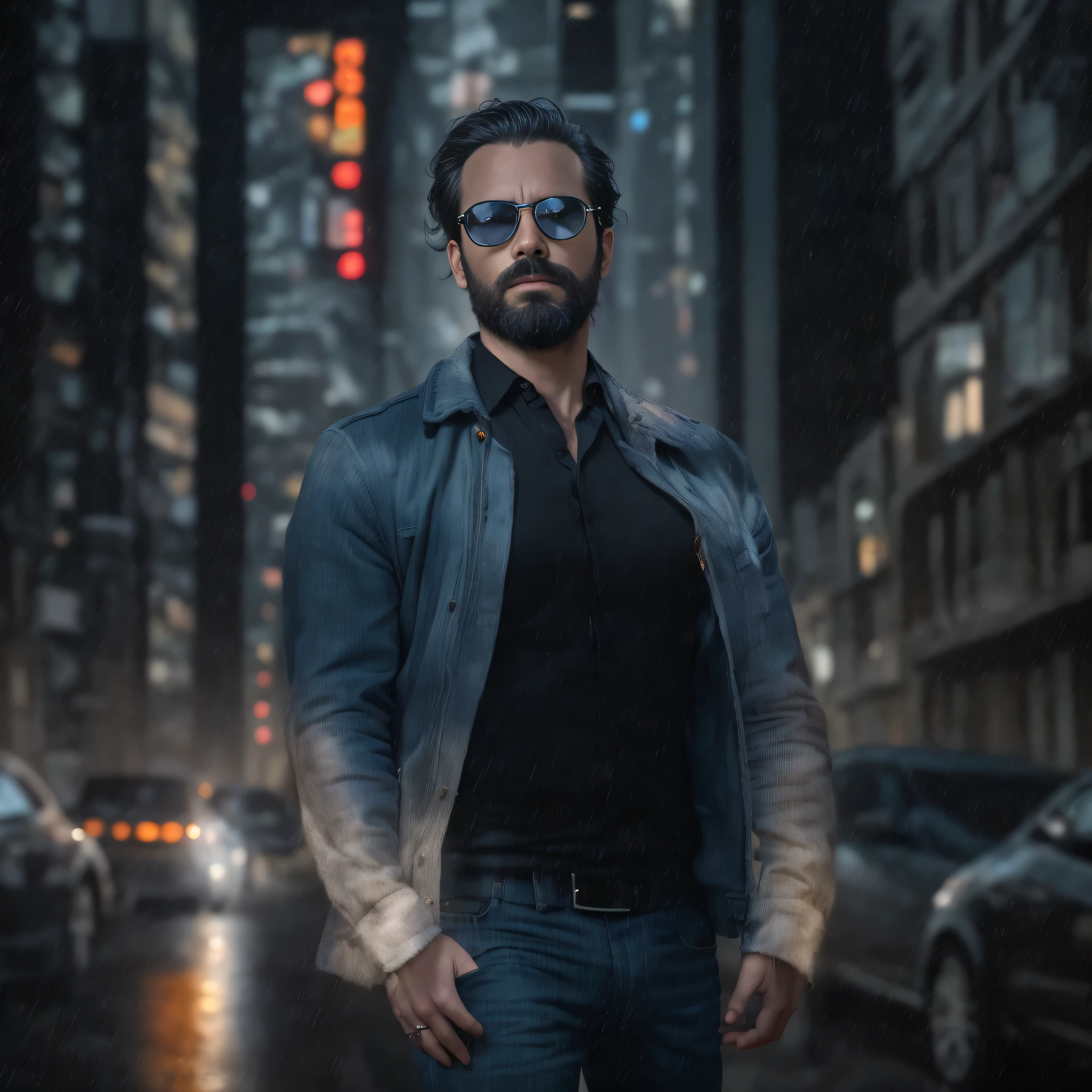 {
"prompt": "a 38 year old man, con barba y lentes de sol, aparece como protagonista en una escena de una serie original de Netflix. It is a medium shot focusing on the upper part of the body. The man is in a modern city, with skyscrapers and neon lights around it. Lleva una chaqueta elegante, camisa oscura y jeans, showing a contemporary and sophisticated style. He is standing in an alley illuminated by warm lights from nearby buildings., with a serious and determined expression. En el fondo, se pueden ver personas caminando apresuradamente y coches pasando. The atmosphere is intriguing and urban, with a touch of mystery and drama that is characteristic of Netflix productions."
}