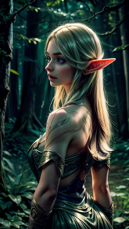 a beautiful elf girl looking back, long flowing hair, piercing green eyes, delicate facial features, detailed skin texture, intr...