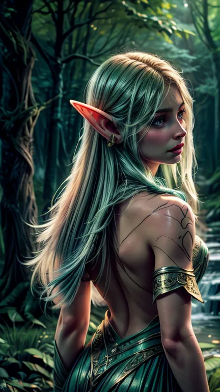 a beautiful elf girl looking back, long flowing hair, piercing green eyes, delicate facial features, detailed skin texture, intr...