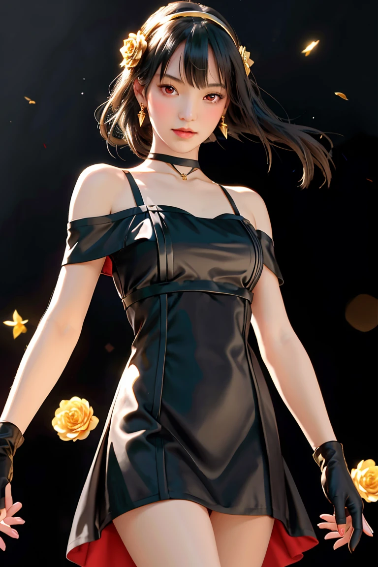 yor briar, (photorealistic), beautiful girl,backlighting, bare shoulders, black background, black dress, black gloves, black hair, breasts, closed mouth, cowboy shot, dress, earrings, expressionless, fingerless gloves, floating hair, gloves, gold earrings, gold hairband, hair flower, hair ornament, hairband, jewelry, large breasts, light particles, long hair, looking at viewer, off-shoulder dress, off shoulder, petals, red eyes, short hair with long locks, sidelocks, solo, spikes, thighs, two-sided dress, two-sided fabric, ((masterpiece))