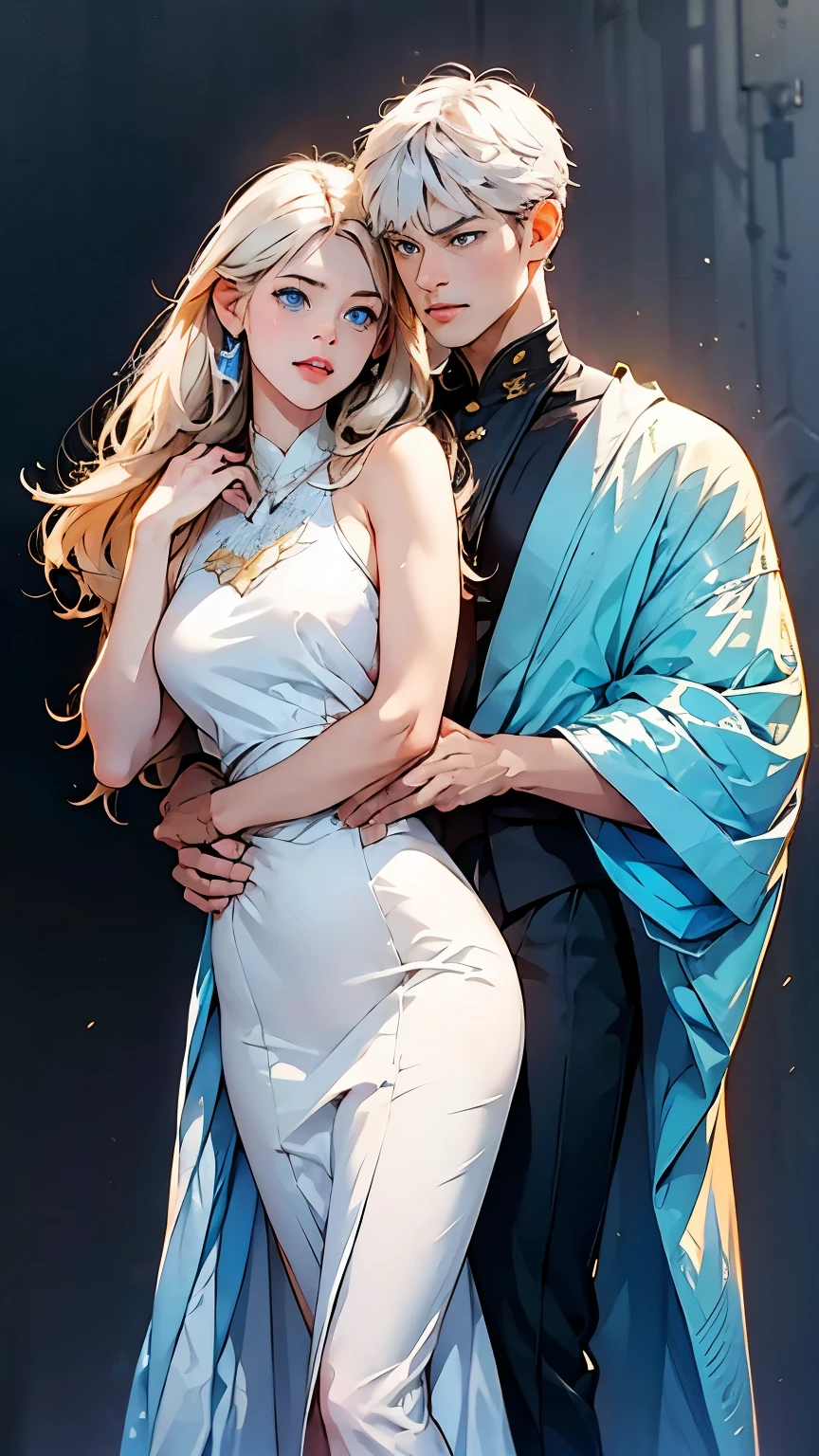 With realistic anime-style illustrations, a pair of young men and women appear. The man has blue eyes and white hair, with a sharp gaze, and is wearing a black suit. The woman has long white hair, And blue eyes, she wears a short white dress, and has a cute face  . The man is holding the woman's waist, and the background is blue in color. 