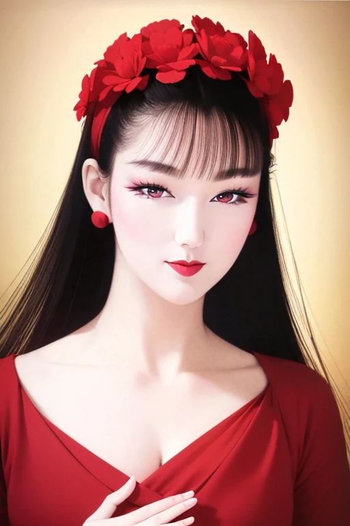 (masterpiece),(highest quality:1.0), (Ultra-high resolution:1.0), Detail view, 8k, anime, One girl, beautiful anime girl, Wearing a red dress, Flower Crown, Pretty face, Detailed face, Beautiful Eyes, Fine grain, Dark red eyes, Bright red lips, Red lipstick, Beautiful and stylish hair, Hair highlights, bangs anime style, highest quality, Vibrant