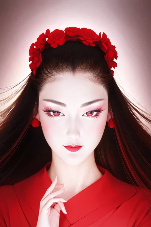 (masterpiece),(highest quality:1.0), (Ultra-high resolution:1.0), Detail view, 8k, anime, One girl, beautiful anime girl, Wearing a red dress, Flower Crown, Pretty face, Detailed face, Beautiful Eyes, Fine grain, Dark red eyes, Bright red lips, Red lipstick, Beautiful and stylish hair, Hair highlights, bangs anime style, highest quality, Vibrant