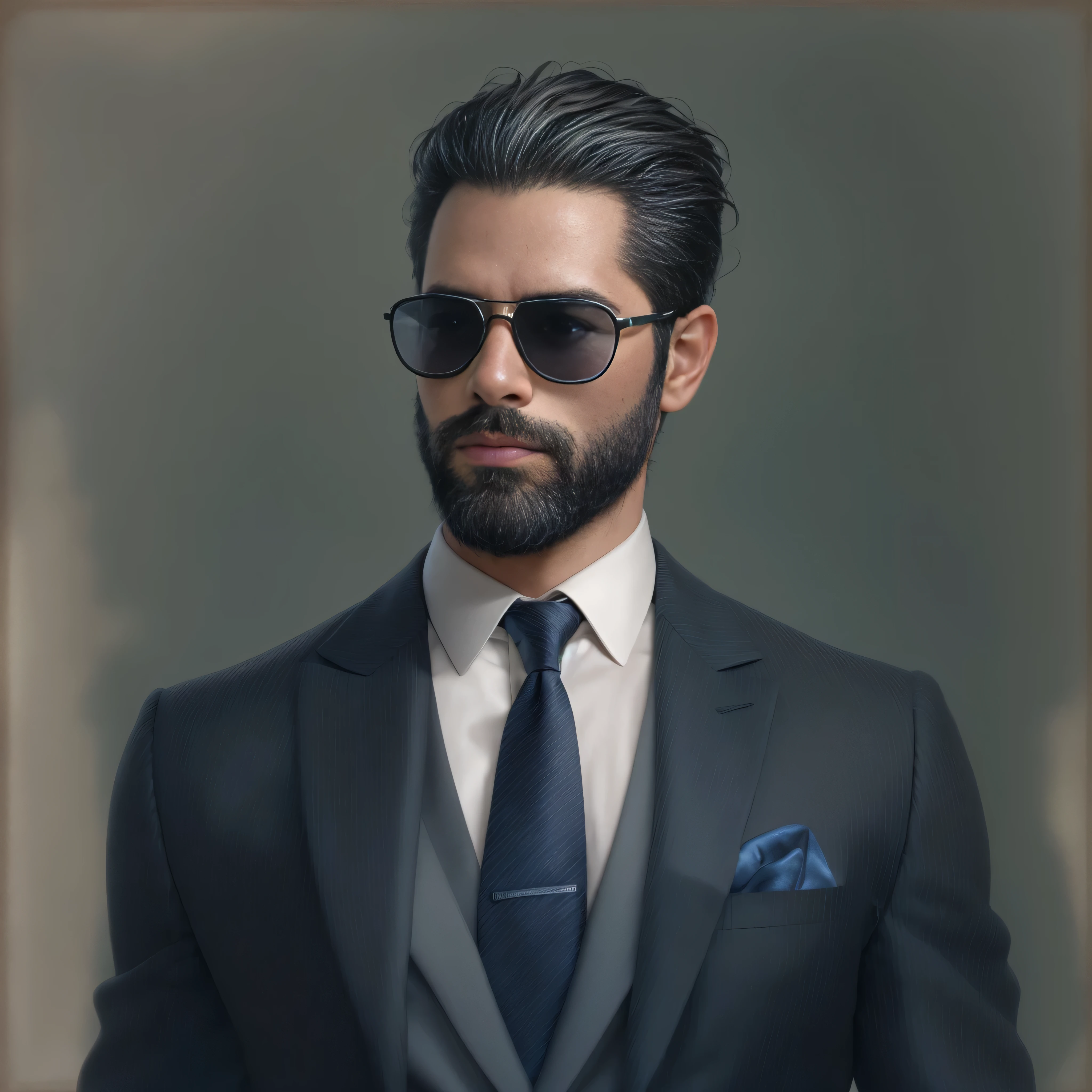 {
"prompt": "Create an image of a stylish 38-year-old man with light brown skin and a well-groomed beard, wearing sunglasses. He is dressed in elegant clothing: a tailored navy blue blazer, a crisp white dress shirt, a silk pocket square, and a sleek black tie. The man should be depicted in a medium shot, focusing on his upper body, exuding confidence and sophistication. The background should be a minimalist, urban setting to highlight his fashionable appearance."
}