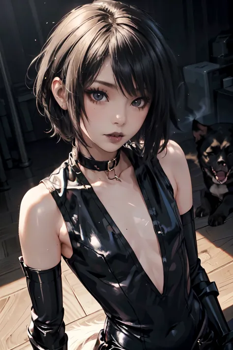 1girl, woman, emo_hairstyle, black lipstick, dog collar, eyeliner, eye shadow, smoky eyes, realistic lighting, short hair, flat ...