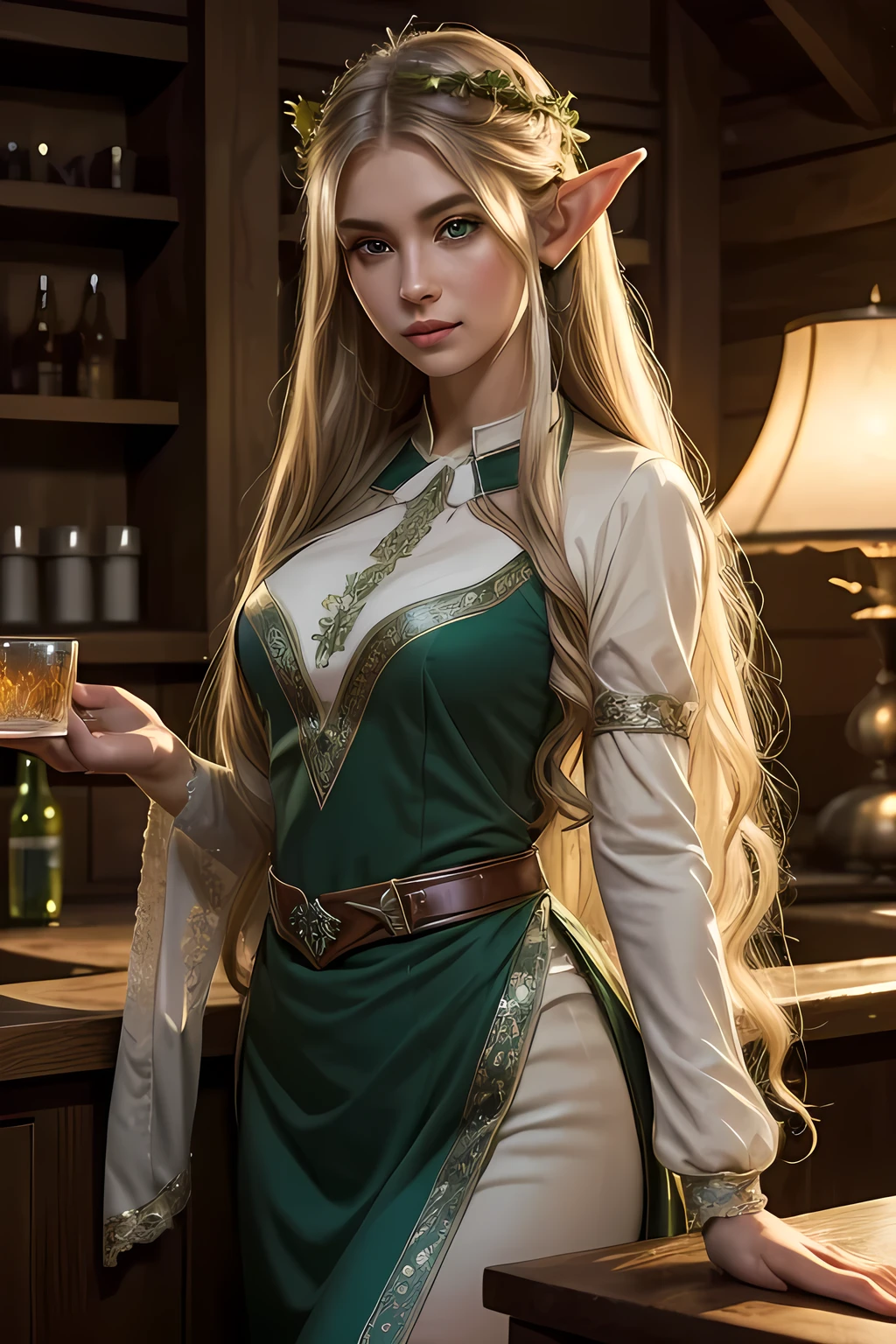 (Masterpiece, best quality, 8K, perfect lighting, ethereal lighting, extremely detailed face, pointed ears, green eyes, elven features, elegant, waitress cosplay:1.0)

A captivating image of an elf waitress, expertly cosplayed, showcases her ethereal beauty with pointed ears, emerald green eyes, and elven features that shine under ethereal lighting. The image is captured in pristine 8K resolution, boasting perfect lighting that accentuates her delicate features and intricate details. The elf's Greenwood forest attire, complete with a flowing dress and apron, adds authenticity to her character, all while maintaining a