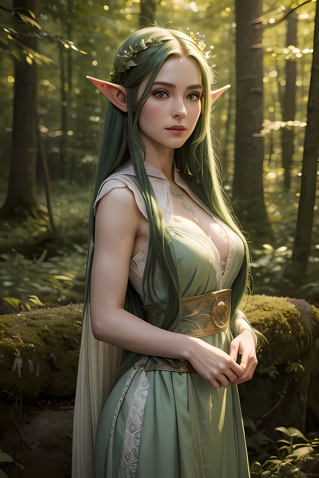 (Masterpiece, best quality, 8K, perfect lighting, ethereal lighting, extremely detailed face, pointed ears, green eyes, elven features, elegant, waitress cosplay:1.0)

A captivating image of an elf waitress, expertly cosplayed, showcases her ethereal beauty with pointed ears, emerald green eyes, and elven features that shine under ethereal lighting. The image is captured in pristine 8K resolution, boasting perfect lighting that accentuates her delicate features and intricate details. The elf's Greenwood forest attire, complete with a flowing dress and apron, adds authenticity to her character, all while maintaining a