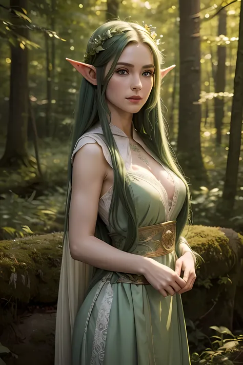 (Masterpiece, best quality, 8K, perfect lighting, ethereal lighting, extremely detailed face, pointed ears, green eyes, elven fe...