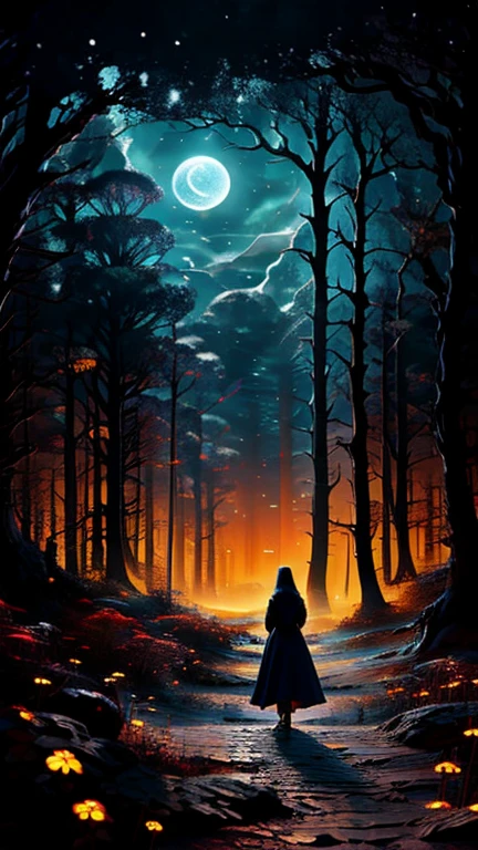 (Meisterwerk, Beste Qualität, Professionelle Beleuchtung) dunkler Wald mit einem hohen Mond am Himmel, wenn eine Frau auf einem Weg zum Mond geht